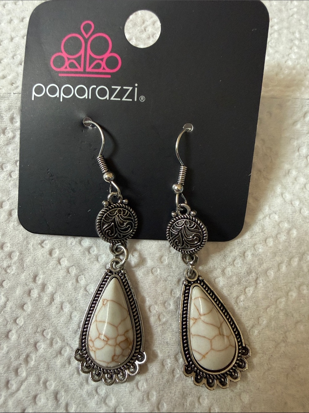Paparazzi Cream Teardrop Stone Filigree Dangle Earrings